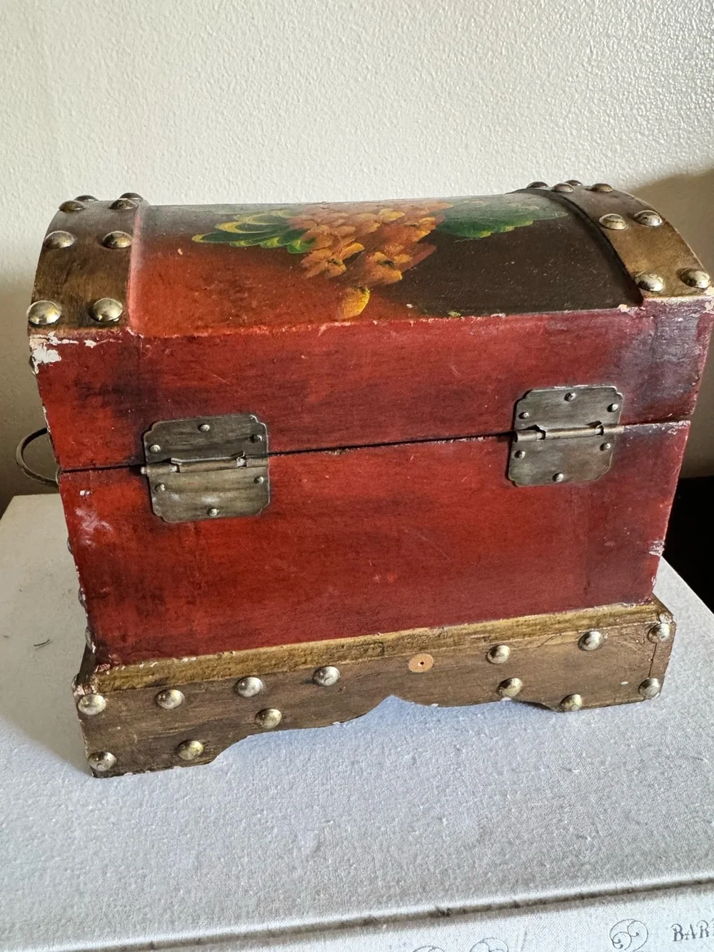 Vintage Floral Painted Wood Trinket Chest Box